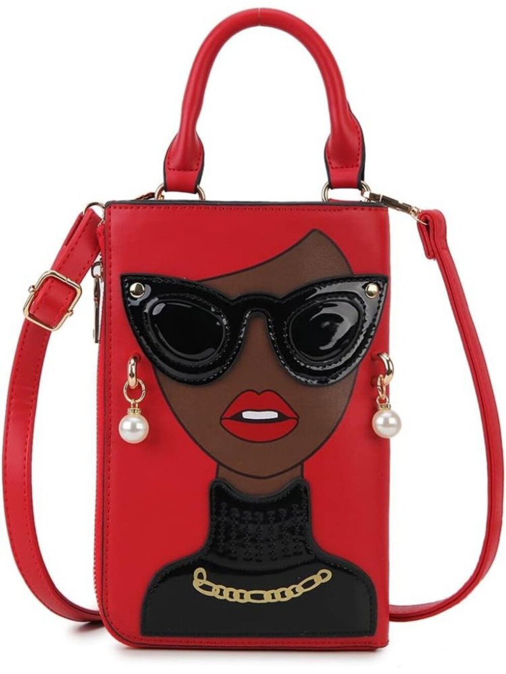 Women Red a Novelty Lady Face PU Leather ShoulderBag Handle Satchel Clutch